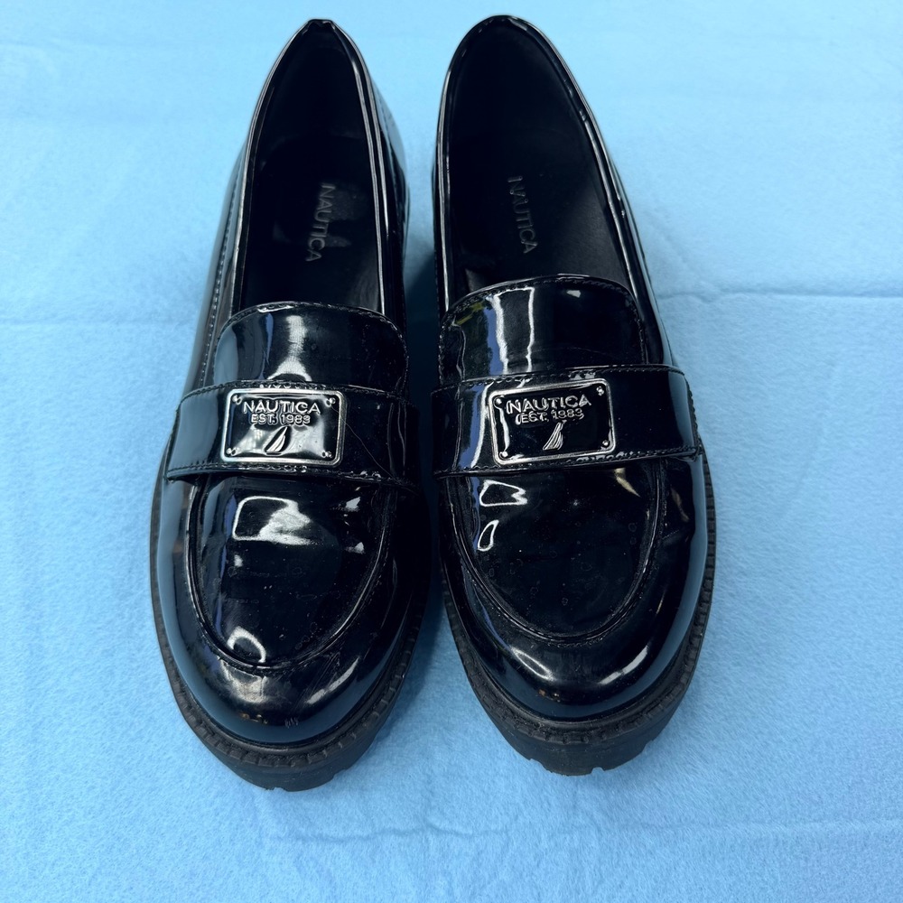 Nautica Defne Black Patent Chunky Lug Sole Penny Loafers‎ Womens 8.5 Logo Plaque